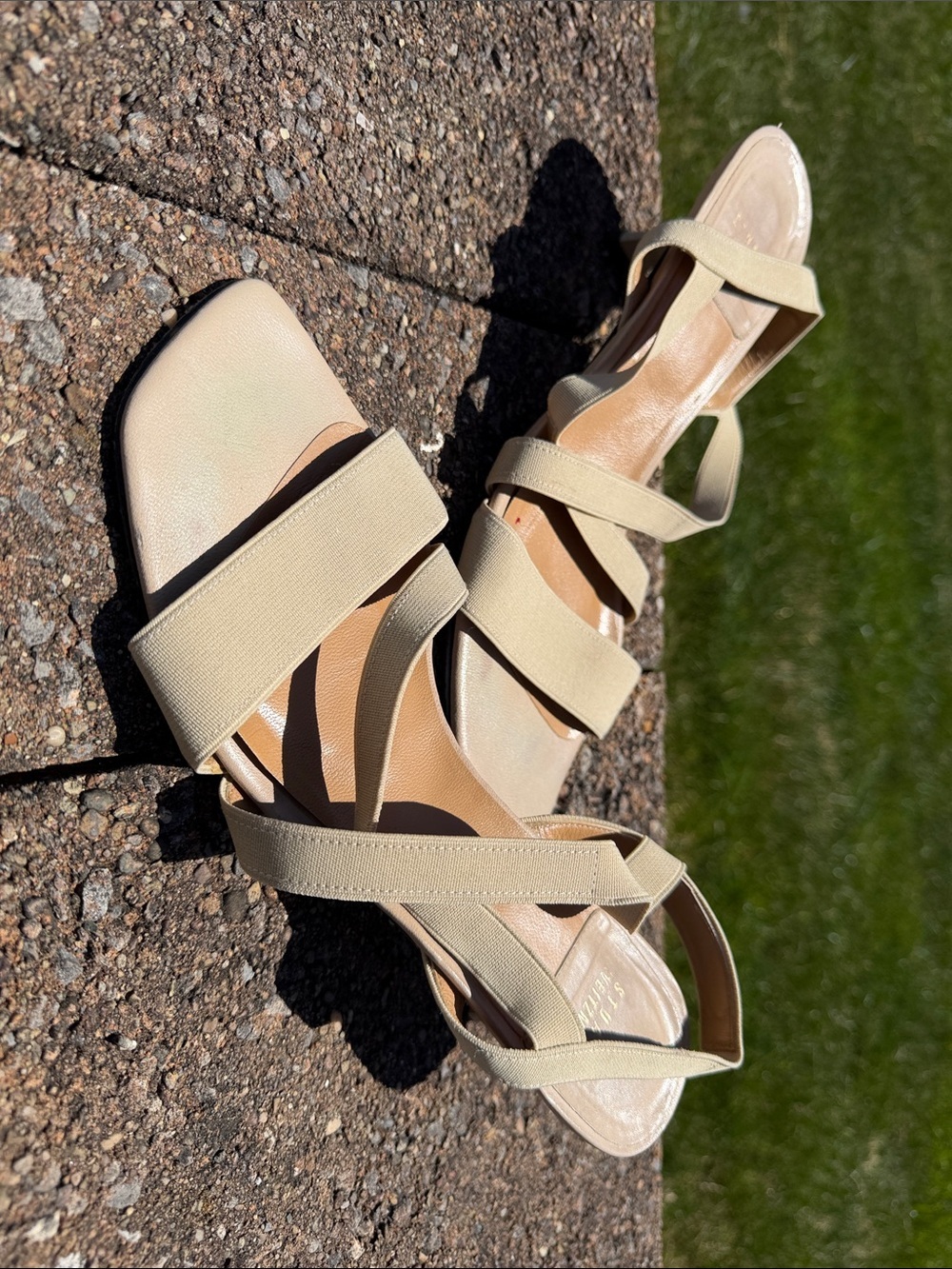 Stuart Weitzman Beige Strappy Block Heel Sandals